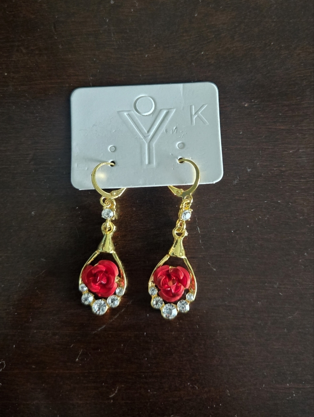 Gold Tone Teardrop Earrings Red Rose Rhinestones Party Vacation Formal